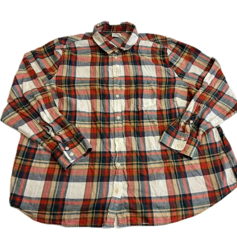 J Crew Shirt Womens 3X Plaid Flannel Red White Button Down Cotton Outdoor Casual